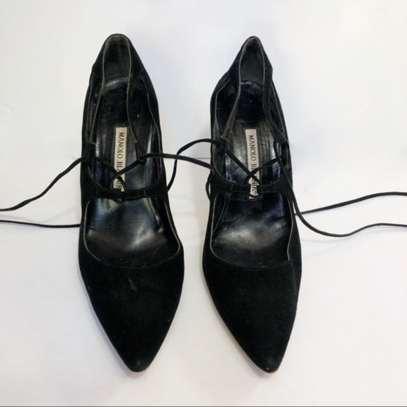 Manolo Blahnik strappy lace up suede pointed toe stiletto heel pump - Picture 3 of 11